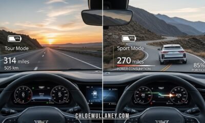 Cadillac Lyriq electric vehicle dashboard showing driving mode options and estimated battery range for Tour, Sport, Snow/Ice, and My Mode.