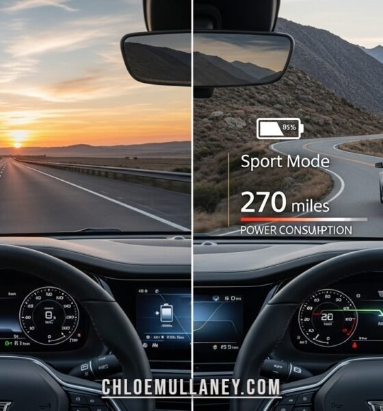 Cadillac Lyriq electric vehicle dashboard showing driving mode options and estimated battery range for Tour, Sport, Snow/Ice, and My Mode.