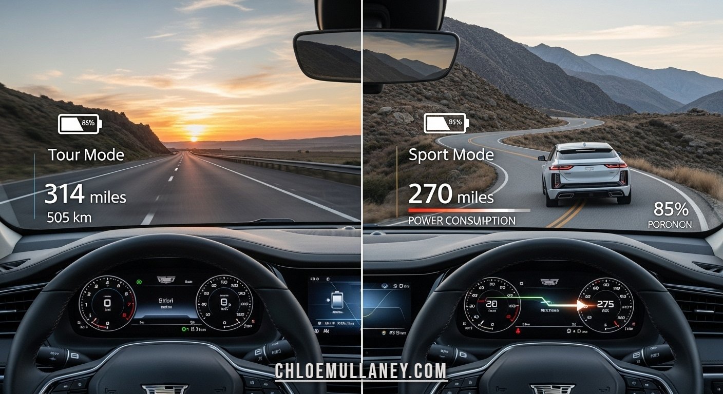 Cadillac Lyriq electric vehicle dashboard showing driving mode options and estimated battery range for Tour, Sport, Snow/Ice, and My Mode.