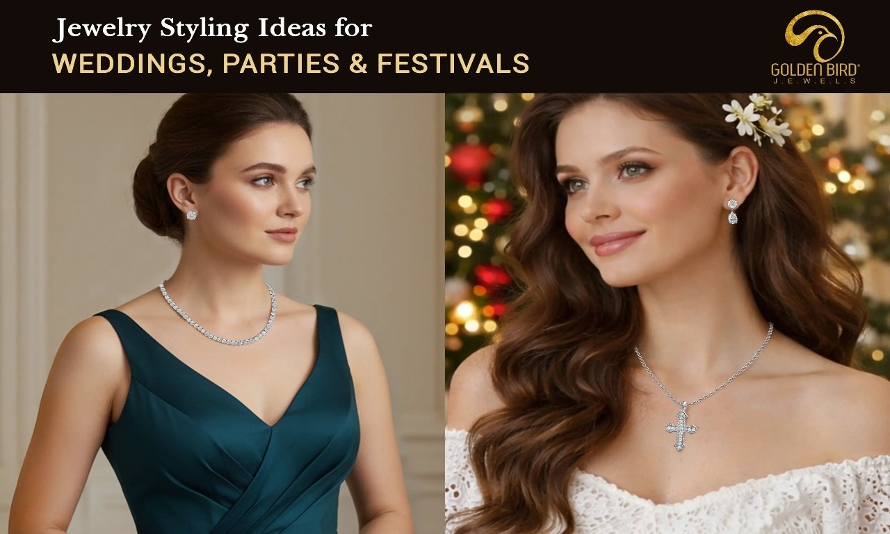 Festival, party and Wedding jewelry styling with diamond rings, necklaces and bracelet by Golden Bird Jewel